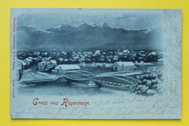 AK Gruss aus Rosenheim / 1900 / Winter Mondschein Karte / Straße Ortsansicht Brücke